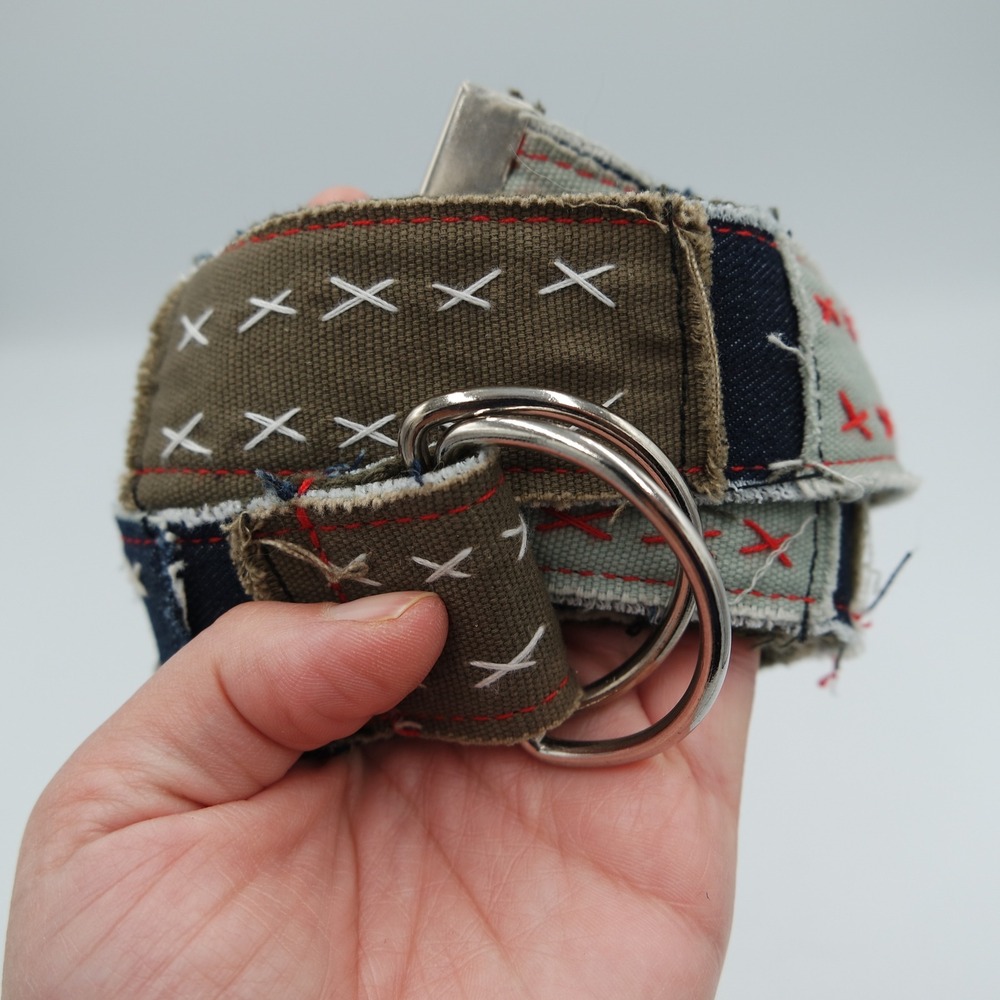 Handmade Patchwork Sashiko D-Ring Belt Olive Canvas Denim Corduroy Frayed 52in